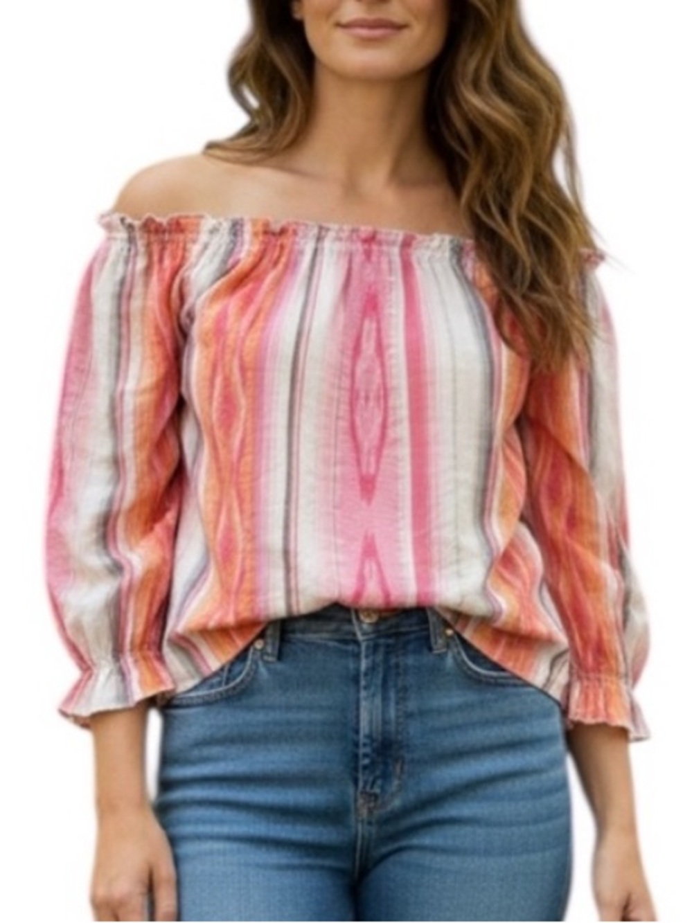 DREW ANTHRO PUFF SLEEVE DENISE PINK GOLD METALLIC THREAD off shoulder blouse S